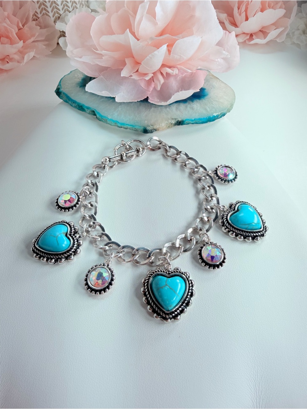 Turquoise Heart Charm Bracelet - Women's Silver Chain Charm Bracelet  ( 8 1/2 )